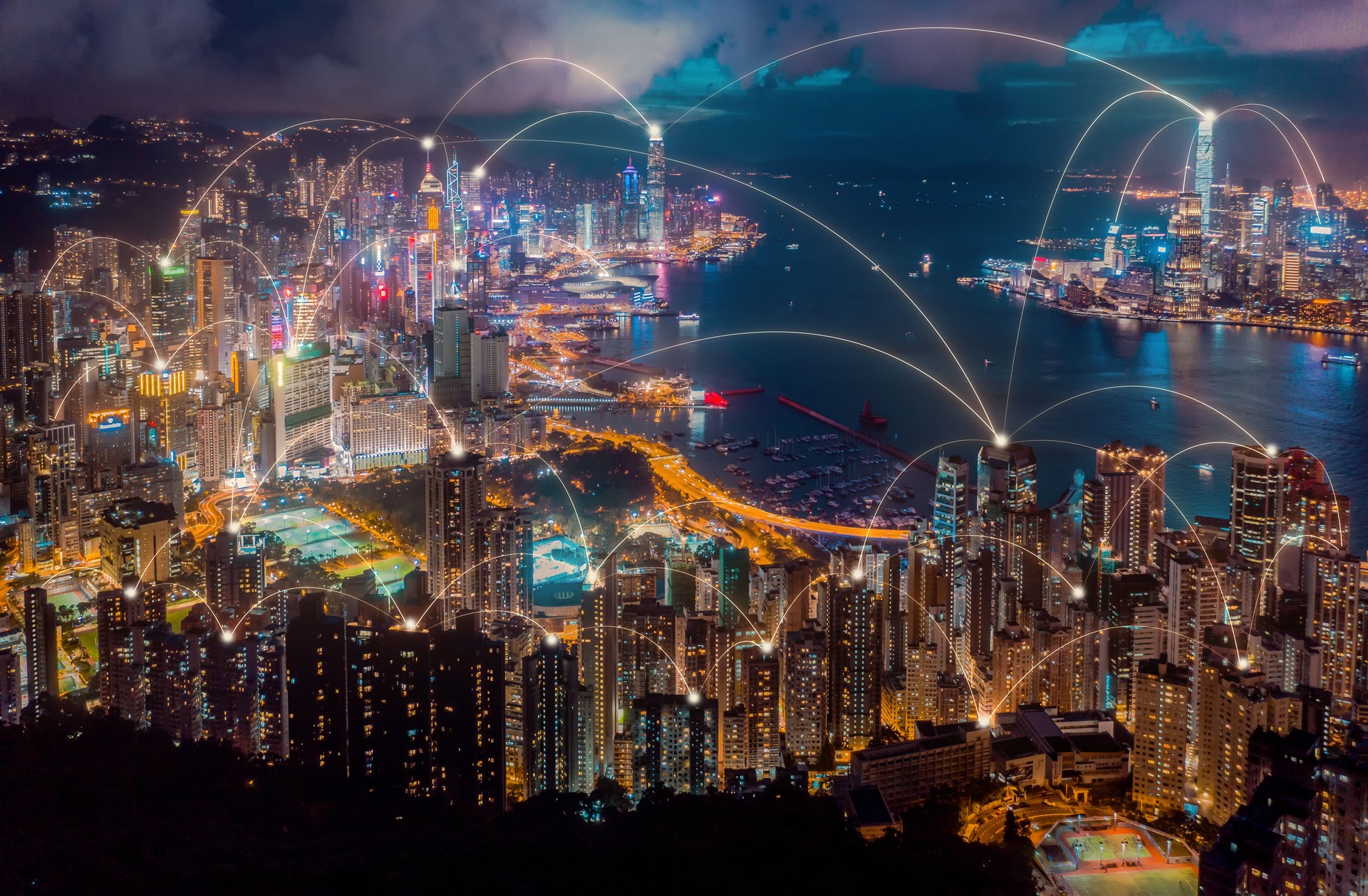 Aerial view of Hong Kong city with connection network technology. Wireless network.global communication.internet of thing.smart city concept.big data