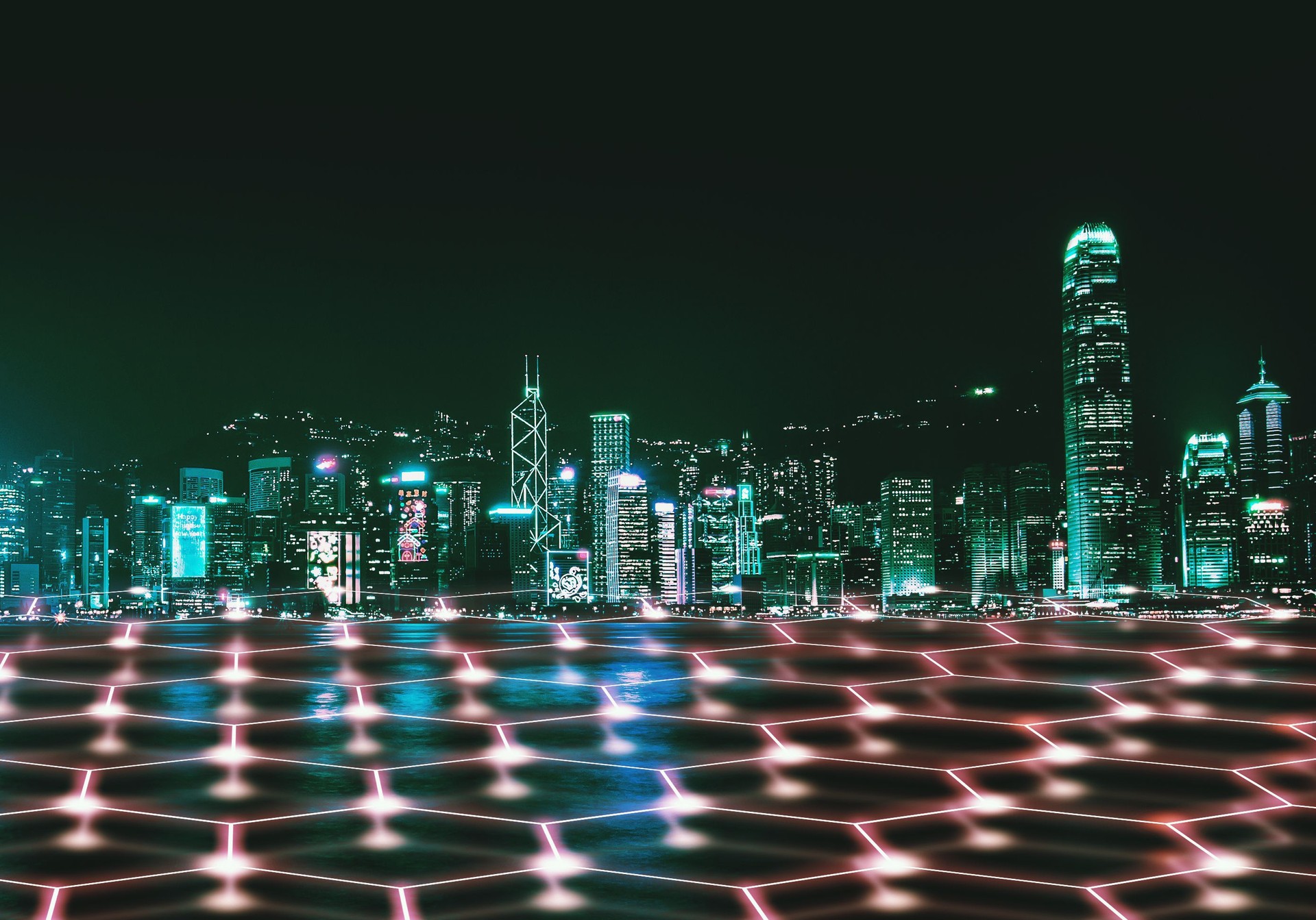 Smart Network and Connection city of Hong Kong at night